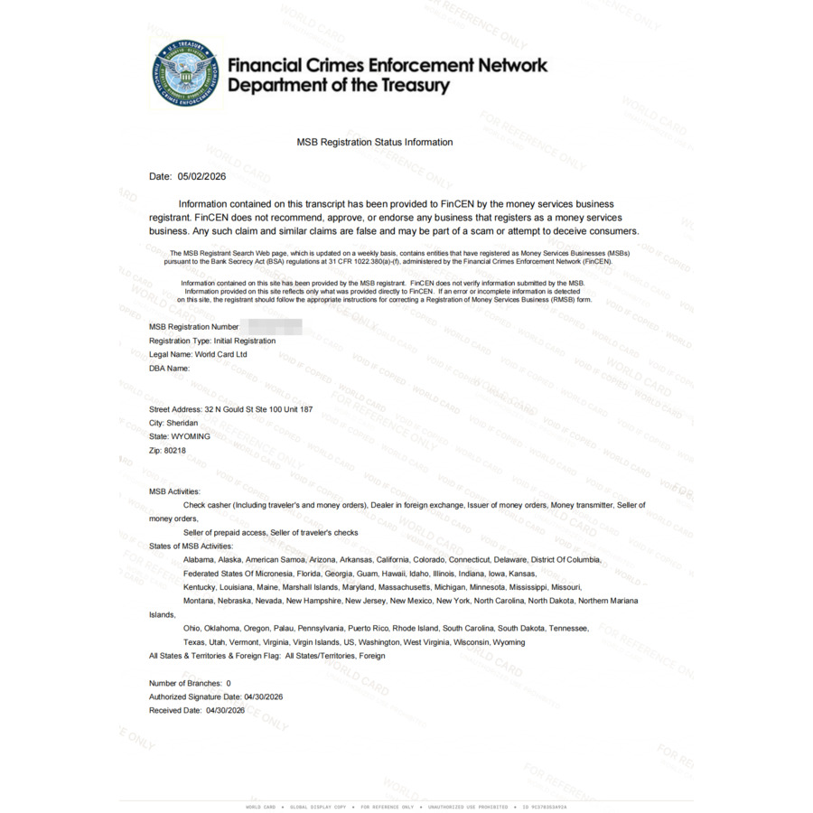 U.S. FinCEN MSB Registration - World Card Ltd